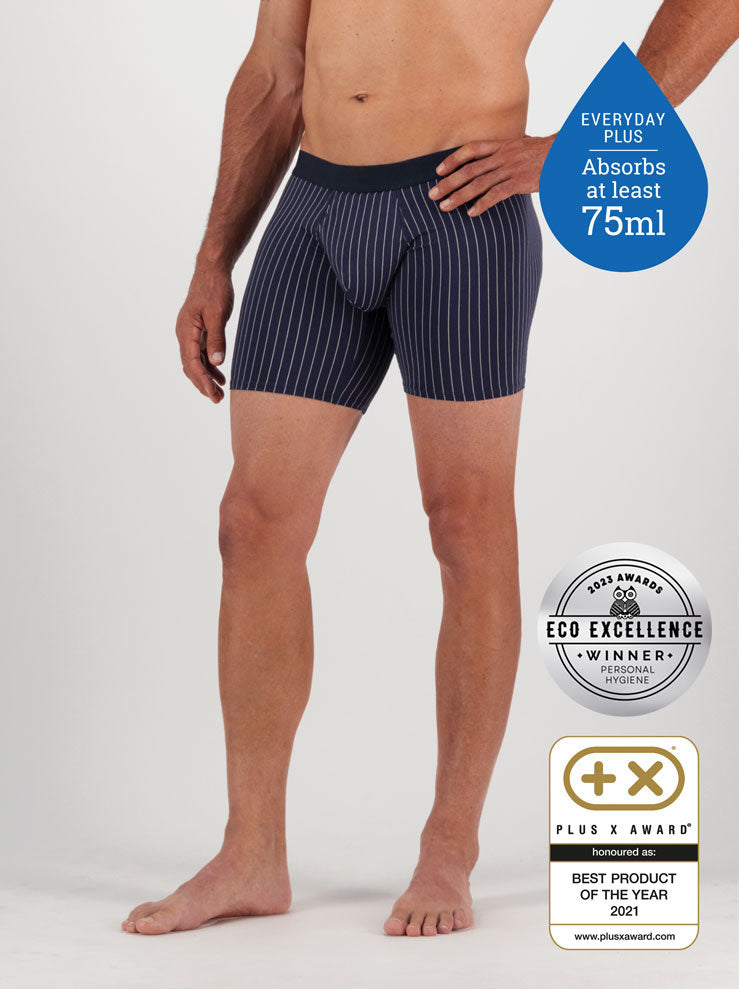 Confitex for Men leakproof long trunks for moderate bladder leakage in navy blue with a grey pinstripe